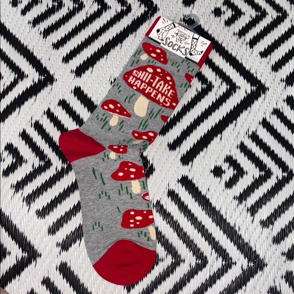 “Shiii Take Happens” Gray and Red Mushroom Pattern Socks